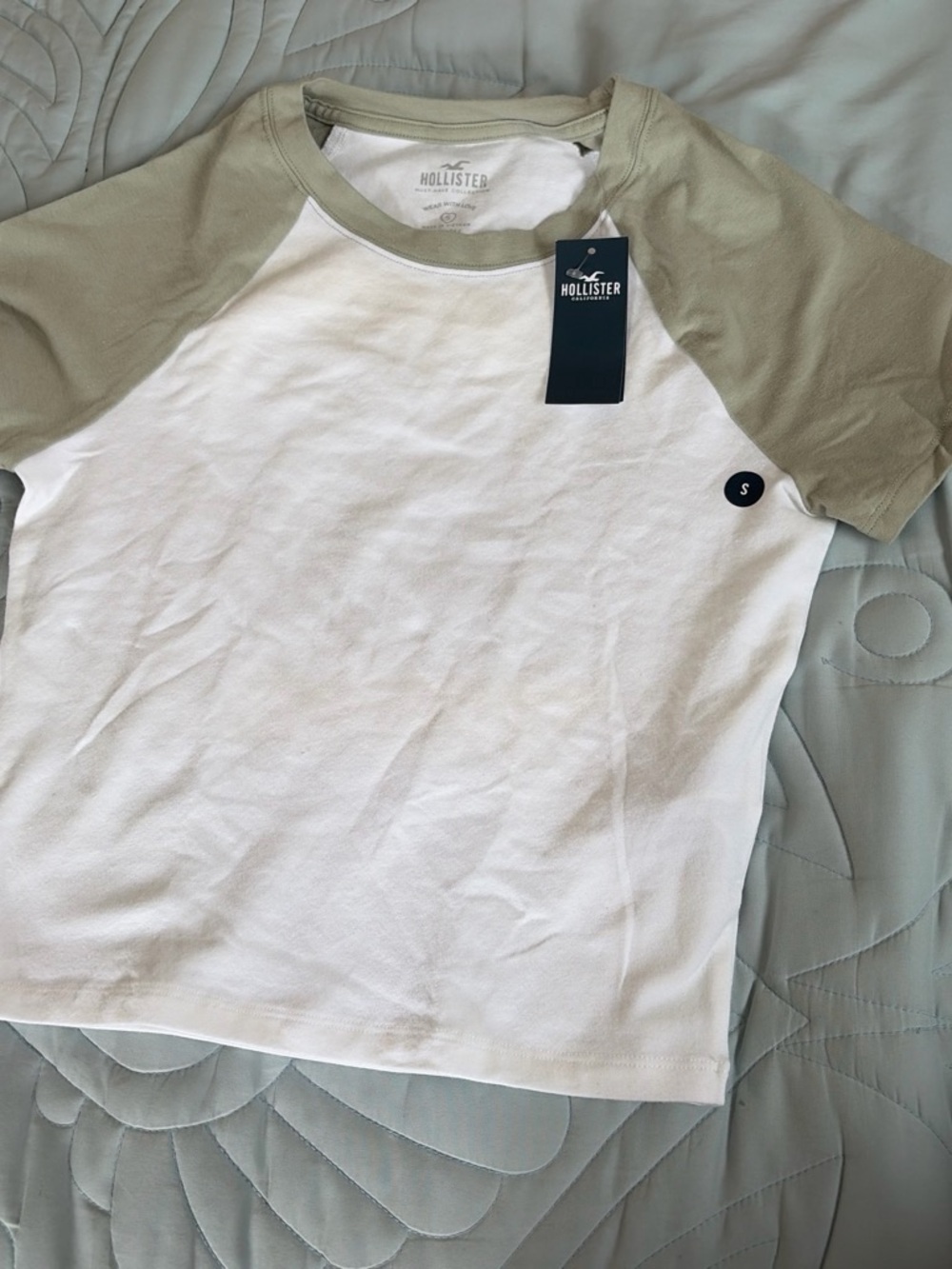 Hollister White Tee with Olive Raglan Sleeves